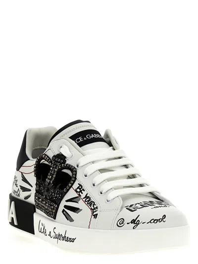 Dolce & Gabbana White Low Top Sneakers With Logo Patch On The Tongue And All-over Print In White