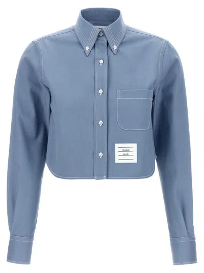 Thom Browne Cropped Denim Shirt With Contrast Stitching In Blue