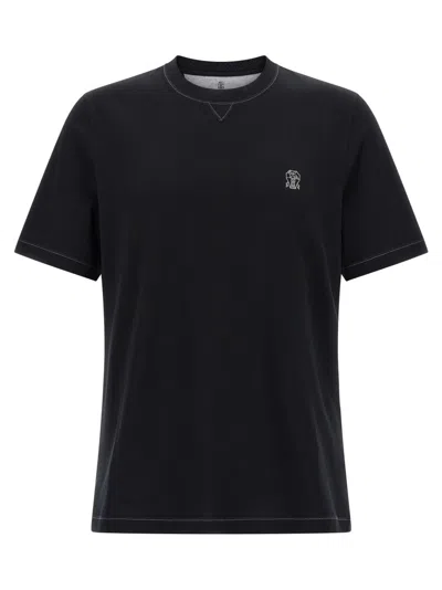 Brunello Cucinelli Logo Crew Neck Cotton T-shirt With Contrast Trim In Black