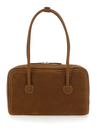 Margesherwood Boston Beige Shoulder Bag With Embossed Logo Lettering On The Front In Leather Woman In Brown