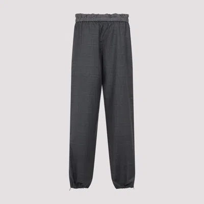Miu Miu Checkered Drawstring Wool Pants With Elastic Waistband In Gray