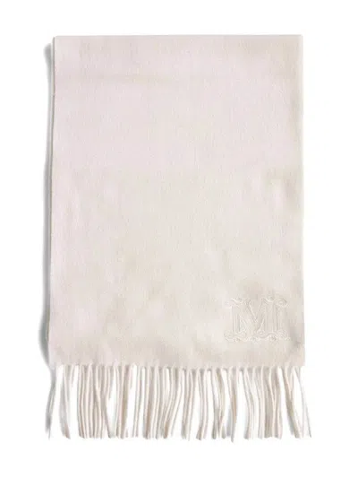 Max Mara Embroidered-logo Fringe Scarf In Gray