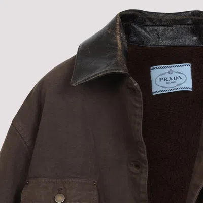 Prada Canvas Cotton Jacket Leather Collar In Brown