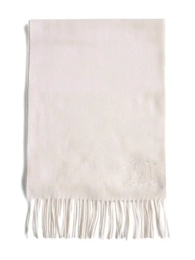 Max Mara Embroidered-logo Fringe Scarf In Gray