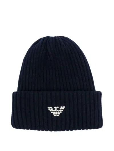Emporio Armani Logo-embroidered Ribbed Beanie In Black