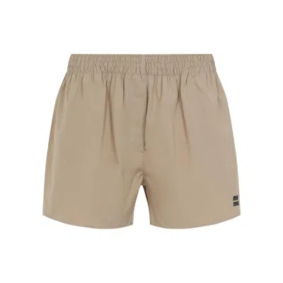 Miu Miu Khaki Cotton Shorts With Embroidered Logo In Brown