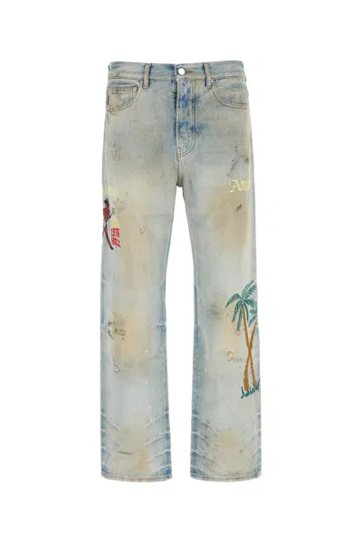 Amiri Distressed Embroidered Denim Trousers In Gray
