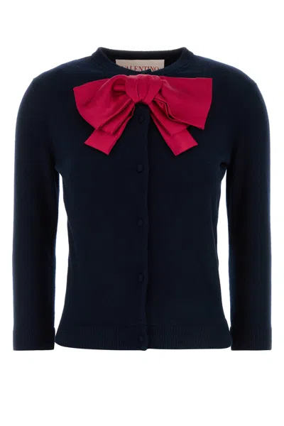 Valentino Wool Cardigan With Ribbed Cuffs And Bow Detail In Blue