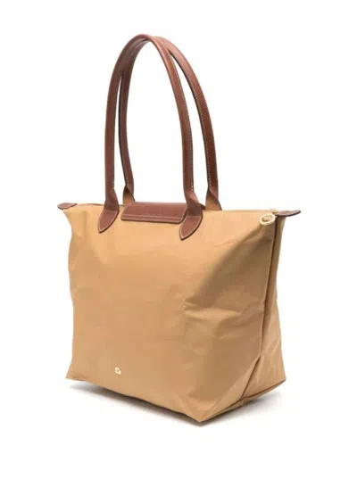 Longchamp 'le Pliage Original' Beige Shoulder Bag With Embossed Logo In Canvas Woman