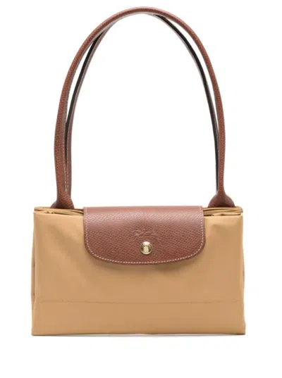 Longchamp 'le Pliage Original' Beige Shoulder Bag With Embossed Logo In Canvas Woman