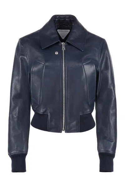 Bottega Veneta Zip-up Leather Bomber Jacket In Blue