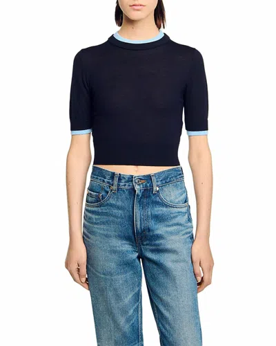Sandro Two Tone Cropped Short Sleeve Sweater In Blue