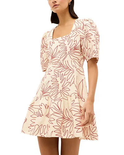 Marie Oliver Temma Embroidered Square-neck Linen Mini Dress In Red