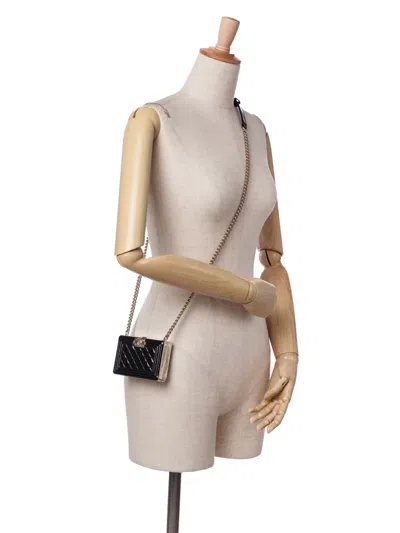 Pre-owned Chanel 2021-2025 Quilted Patent Boy Box Minaudiere On Chain Crossbody Bag In Black
