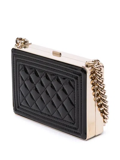 Pre-owned Chanel 2021-2025 Quilted Patent Boy Box Minaudiere On Chain Crossbody Bag In Black