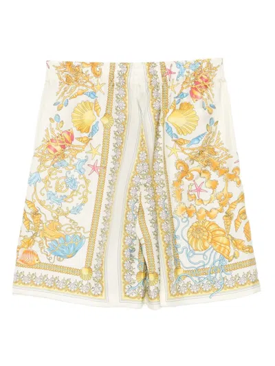 Versace Underwater Barocco-print Silk Shorts In Neutral
