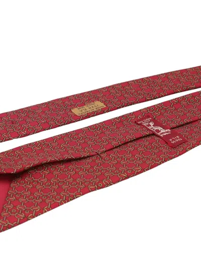 Pre-owned Hermes Horsebit-print Silk Tie In Red