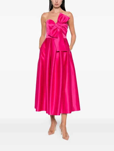 Nissa Bow-detail Mesh-insert Midi Dress In Pink