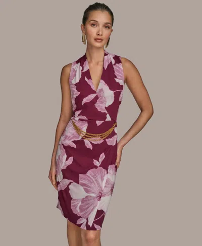 Donna Karan Womens Jersey Printed Chain Belt Sheath Dress 0p 16 In Purple