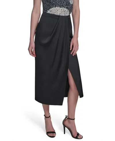 Halston Women's Twill Satin Faux-wrap Midi Skirt In Black