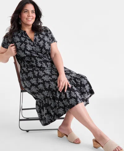 Style & Co Plus Size Printed V-neck Short-sleeve Midi Dress, Exclusively At Macy's In Black