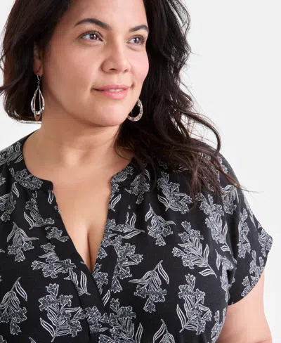 Style & Co Plus Size Printed V-neck Short-sleeve Midi Dress, Exclusively At Macy's In Black