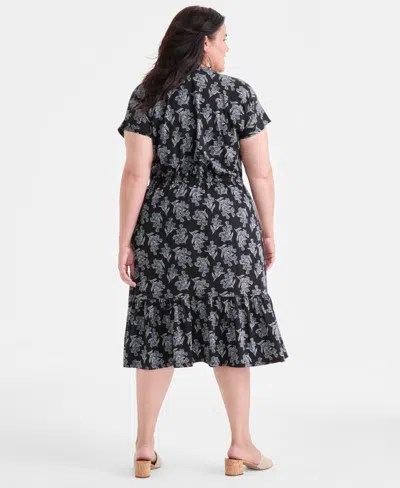 Style & Co Plus Size Printed V-neck Short-sleeve Midi Dress, Exclusively At Macy's In Black