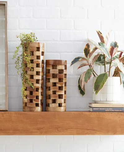 Rosemary Lane Teak Wood Contemporary Vase, Set Of 2
