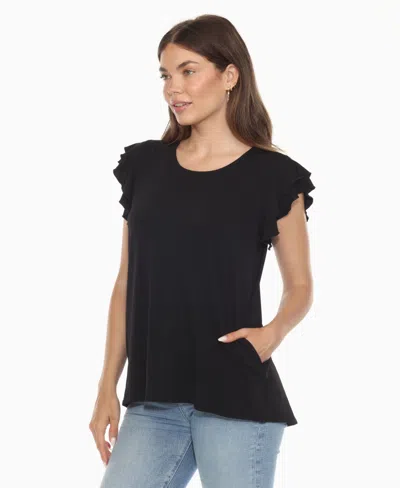 White Mark Women's Ruffle Sleeve Solid Top In Black