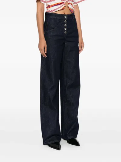 Patrizia Pepe High-waisted Wide-leg Pants With Button Front In Blue