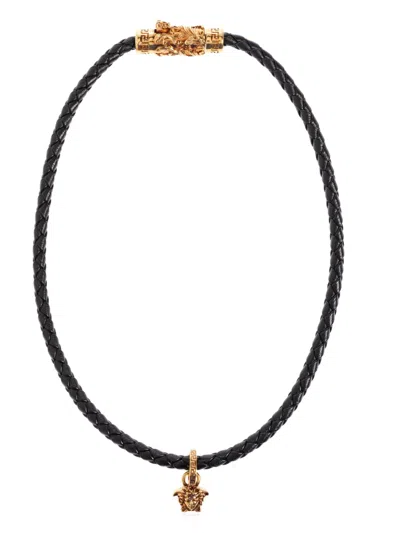 Versace Braided Leather Medusa Necklace In Black