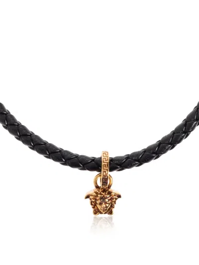 Versace Braided Leather Medusa Necklace In Black