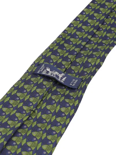 Pre-owned Hermes Fish-print Silk Tie In Blue