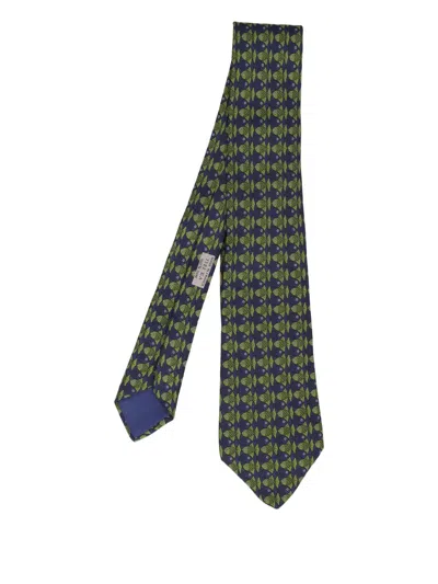 Pre-owned Hermes Fish-print Silk Tie In Blue