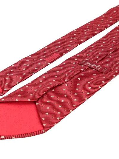 Pre-owned Hermes Striped Silk Tie In Red