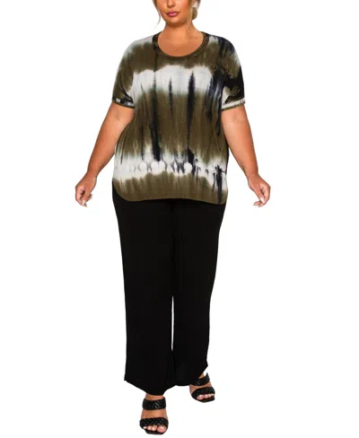 Coin 1804 Plus Size Hand Tie Dye Double Binding Neck And Dolman Sleeve Top In Green