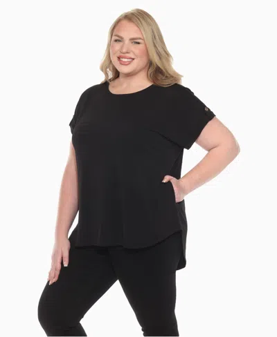 White Mark Plus Size Folded Short Sleeve Solid Top In Black