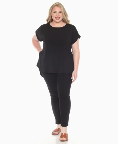 White Mark Plus Size Folded Short Sleeve Solid Top In Black