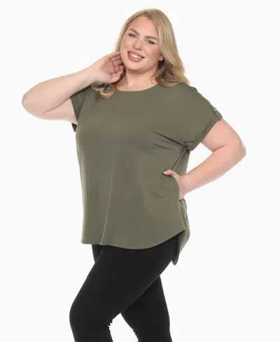 White Mark Plus Size Folded Short Sleeve Solid Top In Green