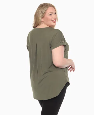 White Mark Plus Size Folded Short Sleeve Solid Top In Green