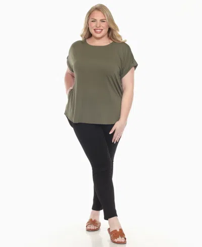 White Mark Plus Size Folded Short Sleeve Solid Top In Green