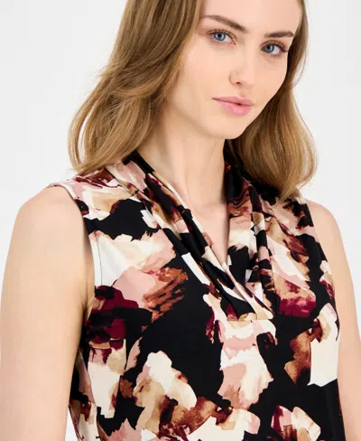 Anne Klein Abstract Print Triple Pleat Sleeveless Top In Brown