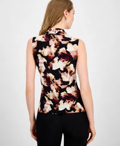Anne Klein Abstract Print Triple Pleat Sleeveless Top In Brown