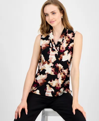Anne Klein Abstract Print Triple Pleat Sleeveless Top In Brown