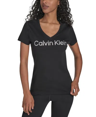Calvin Klein Performance Women's Glitter Logo V-neck T-shirt