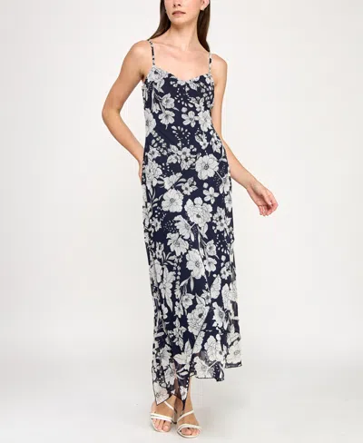 Row A Juniors' Printed V-neck Sleeveless Maxi Dress In Blue