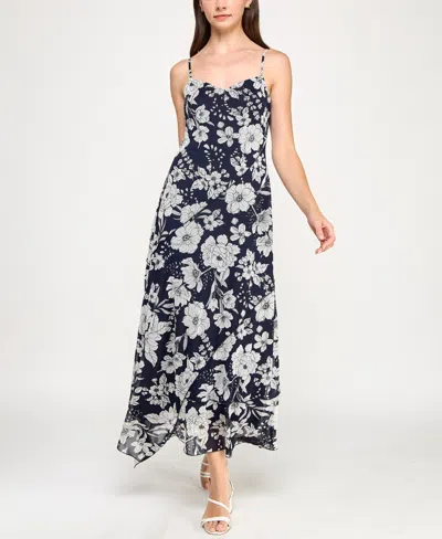 Row A Juniors' Printed V-neck Sleeveless Maxi Dress In Blue