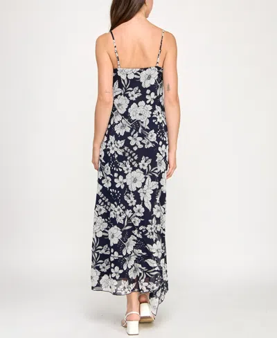 Row A Juniors' Printed V-neck Sleeveless Maxi Dress In Blue
