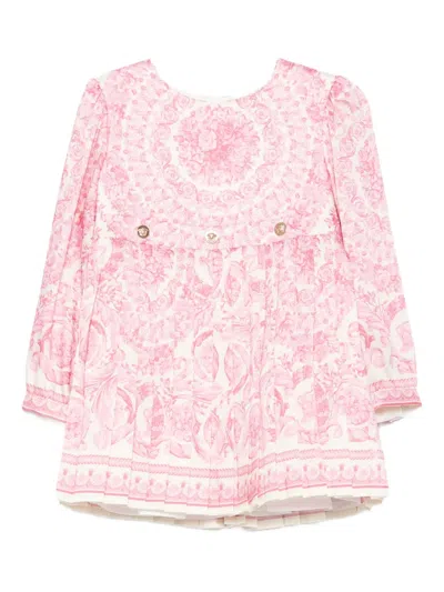 Versace Pleated Floral-print Dress In Pink