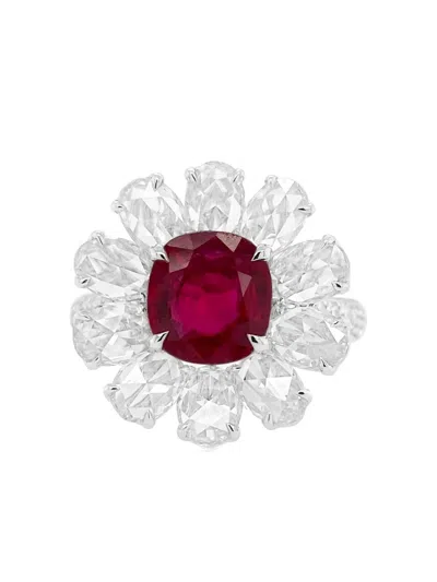 Hyt Jewelry 18k White Gold Ruby And Diamond Floral Ring